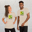 Two people wearing matching cream white Avocado Harmony  graphic tees, featuring two cute avocados doing yoga poses, styled as a fun, wholesome lifestyle outfit.
