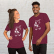 Two people wearing matching maroon Chill Bunny Line Art Tees, showing the playful rabbit outline in a lifestyle setting.