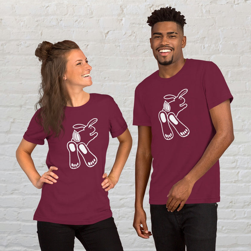 Two people wearing matching maroon Chill Bunny Line Art Tees, showing the playful rabbit outline in a lifestyle setting.