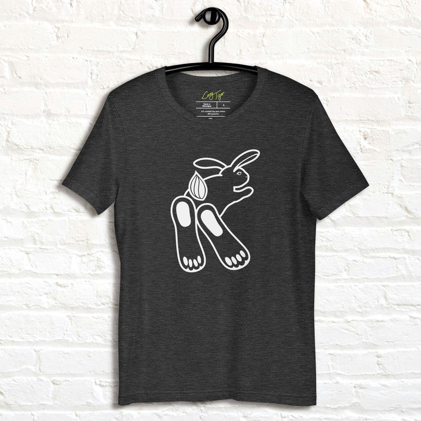 Charcoal grey Chill Bunny Line Art Tee on a hanger, highlighting the soft, expressive rabbit illustration.
