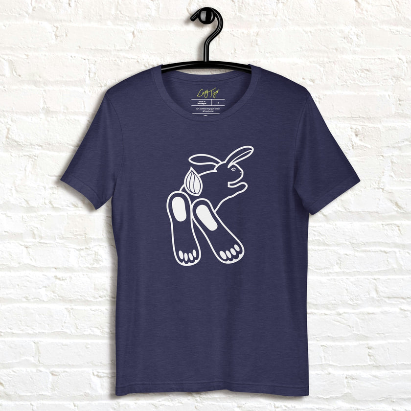 Navy Chill Bunny Line Art Tee displayed on a hanger, featuring the minimalist rabbit outline in white.