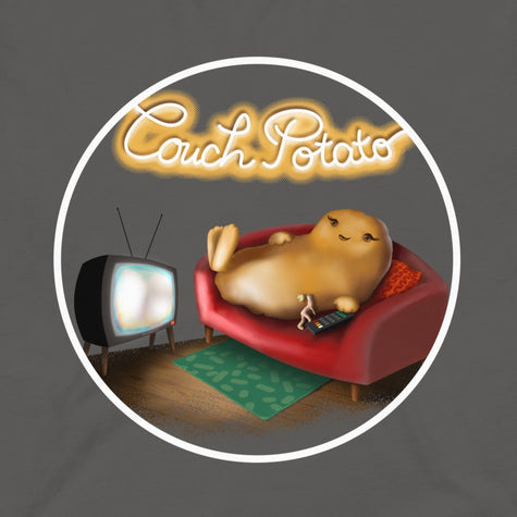 Thumbnail close-up of the Lazy Potato design on a graphite grey tee, showing the potato lounging on a couch with glowing ‘Couch Potato’ lettering.