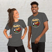 Two people wearing matching graphite grey Lazy Potato Tees, featuring the cute potato lounging on a couch with glowing ‘Couch Potato’ text.