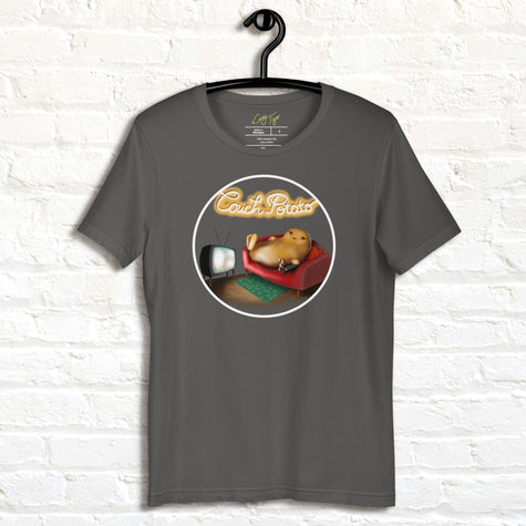 Graphite grey Lazy Potato Tee displayed on a hanger, featuring the cute potato lounging on a couch with a TV remote and glowing ‘Couch Potato’ text.