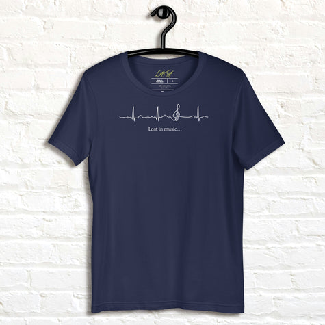 Navy Heartbeat Music Tee displayed on a hanger featuring the ECG‑inspired heartbeat line flowing into a treble clef with ‘Lost in music…,’ printed in crisp white on deep navy cotton