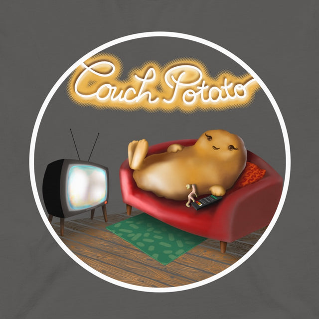 Thumbnail close-up of the Lazy Potato design on a graphite grey tee, showing the potato lounging on a couch with glowing ‘Couch Potato’ lettering.