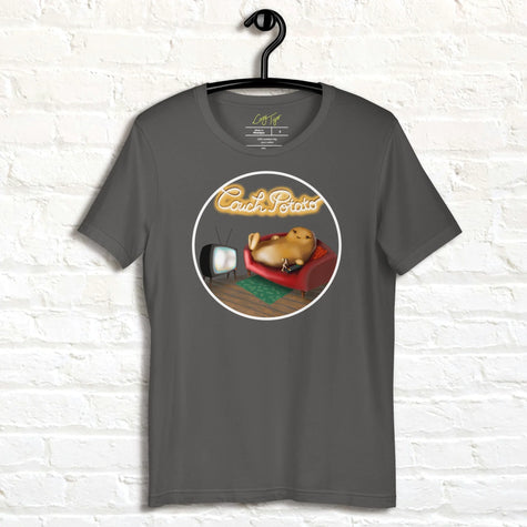 Graphite grey Lazy Potato Tee displayed on a hanger, featuring the cute potato lounging on a couch with a TV remote and glowing ‘Couch Potato’ text.
