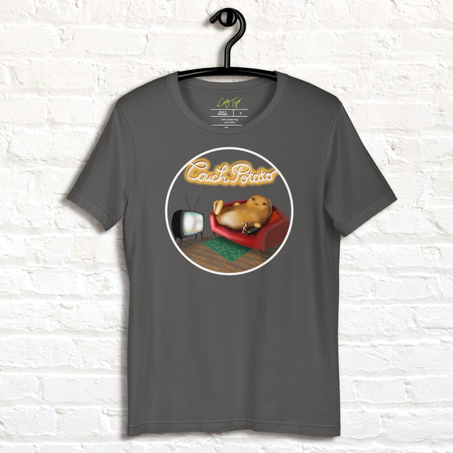 Graphite grey Lazy Potato Tee displayed on a hanger, featuring the cute potato lounging on a couch with a TV remote and glowing ‘Couch Potato’ text.