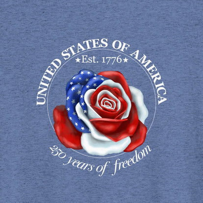 Thumbnail close-up of the Liberty Rose design on a vintage blue tee, showing the red‑white‑and‑blue rose and surrounding commemorative text.