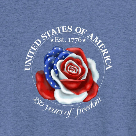 Thumbnail close-up of the Liberty Rose design on a vintage blue tee, showing the red‑white‑and‑blue rose and surrounding commemorative text.