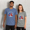 Two people wearing Liberty Rose Tees, one in vintage blue and one in heather grey, featuring the patriotic rose design with stars and stripes and the circular ‘United States of America – Est. 1776 – 250 years of freedom’ text.