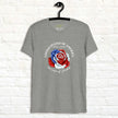 Heather grey tee featuring a rose illustration made from American flag colors, with red, white, and blue petals and white star accents, shown on a hanger.