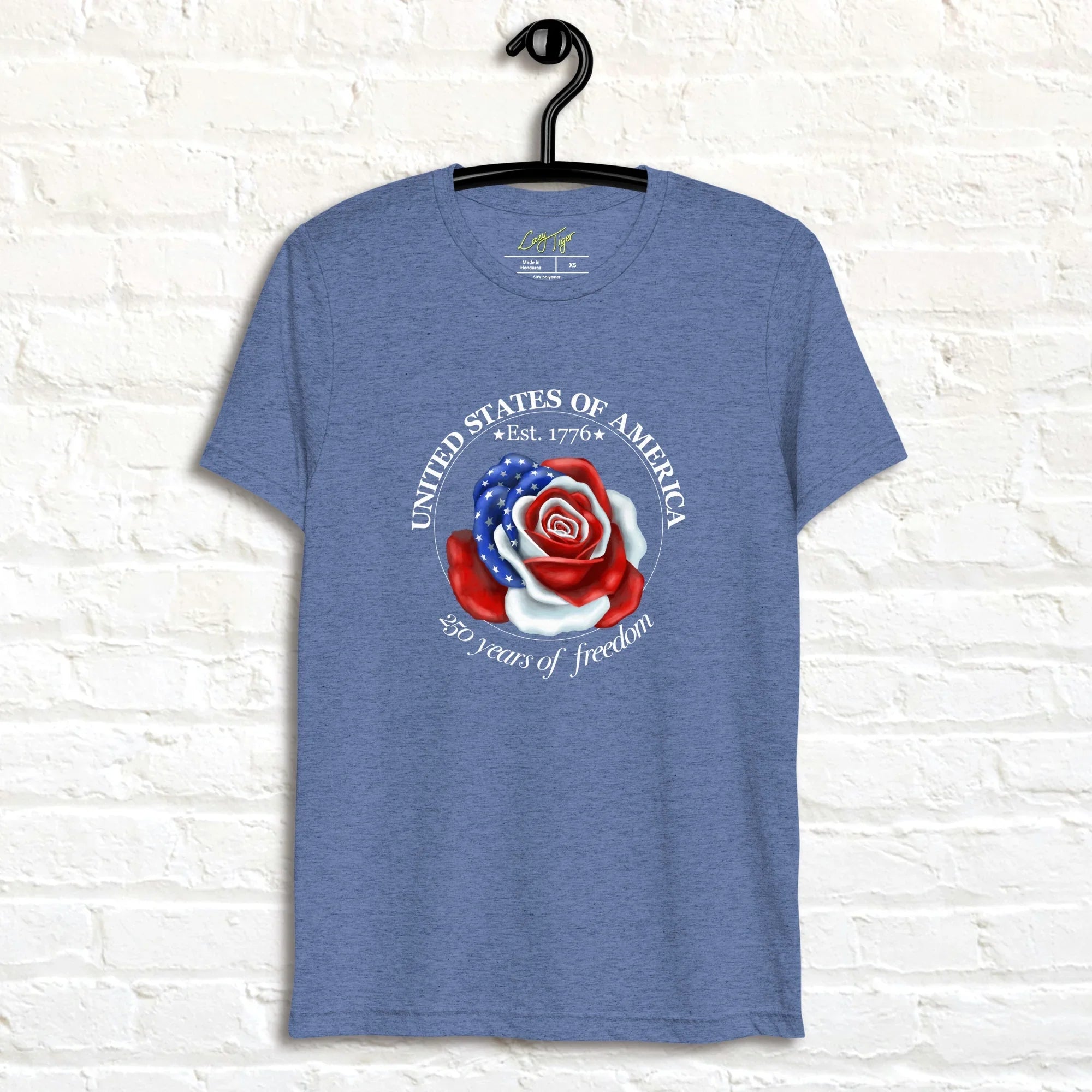 Vintage navy tee featuring a rose made of American flag colors with red, white, and blue petals and star details, shown on a hanger.