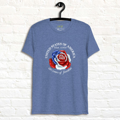 Vintage navy tee featuring a rose made of American flag colors with red, white, and blue petals and star details, shown on a hanger.