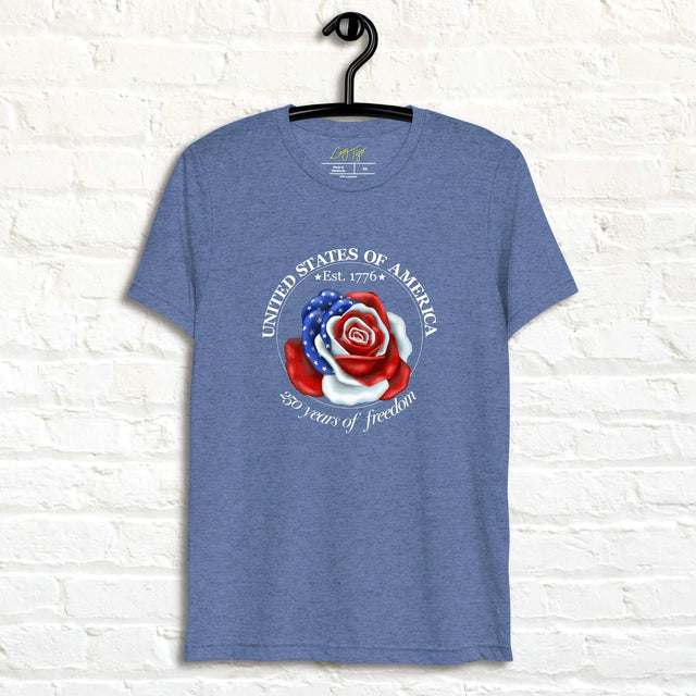 Vintage navy tee featuring a rose made of American flag colors with red, white, and blue petals and star details, shown on a hanger.