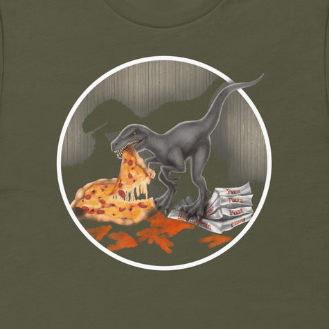 Closeup of olive green Pizza Raptor tee showing detailed dinosaur eating pizza, high‑quality print on unisex shirt.
