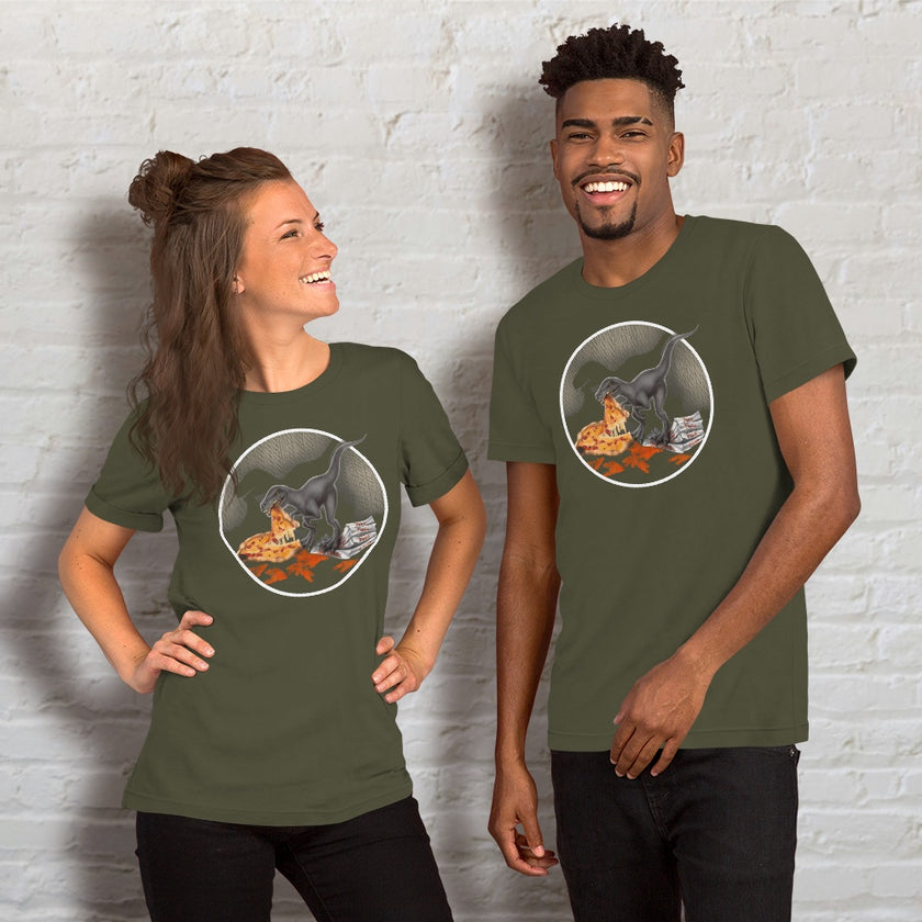 Couple wearing matching olive Pizza Raptor graphic tees, playful dinosaur eating pizza design for couples and pizza lovers.