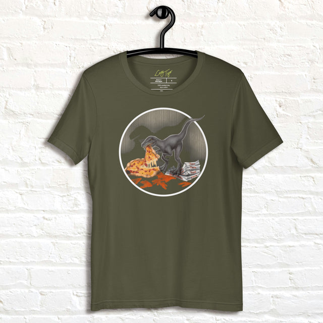 Olive green graphic tee on hanger featuring a playful pizza‑stealing raptor holding a slice of pizza, funny dinosaur T‑shirt for adults and teens.