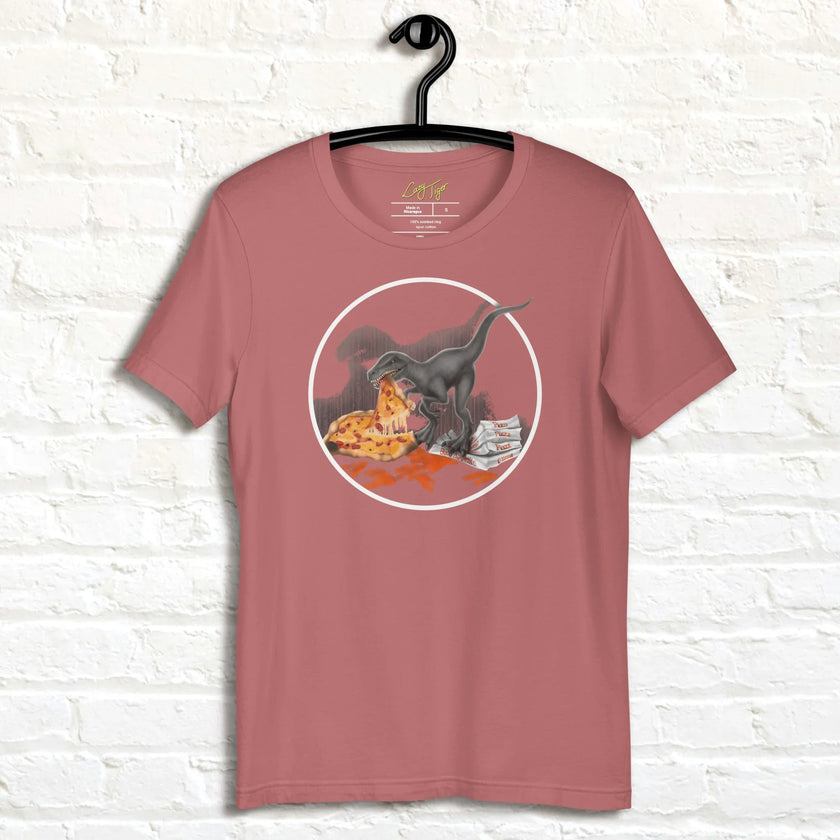 Rosewood pink T‑shirt on hanger with cute pizza raptor illustration, quirky dinosaur and pizza lover shirt.