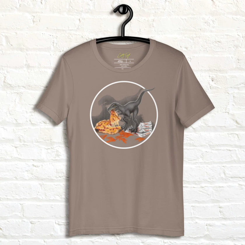 Taupe neutral T‑shirt on hanger showing a cartoon raptor grabbing pizza, funny foodie dinosaur graphic tee.