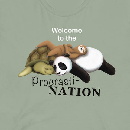 Closeup thumbnail of sage green procrastination shirt highlighting the sloth, panda, and turtle graphic.