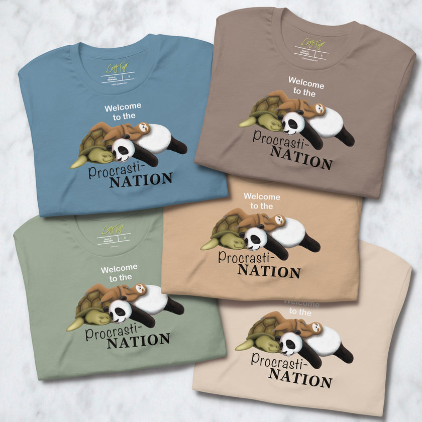 Five folded Procrasti‑NATION graphic tees in sage, denim blue, taupe, beige, and cream showing the sleepy sloth, panda, and turtle design for cute animal shirt collections.