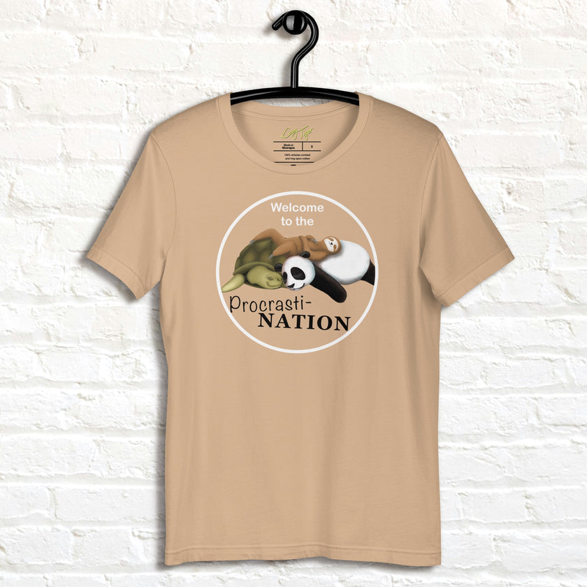Beige procrastinator tee on hanger with sloth, panda, and turtle graphic for cute animal tee shoppers and chill vibe outfits.