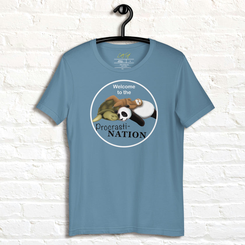 Denim blue procrastination shirt on hanger with cute sleepy sloth, panda, and turtle illustration for animal lovers and lazy‑day vibes.