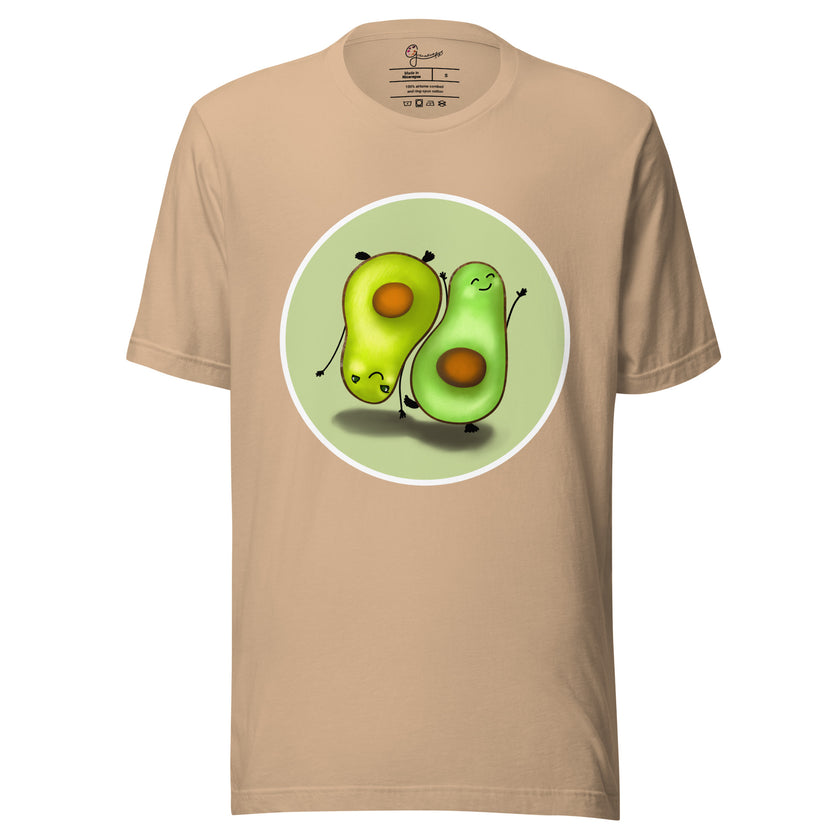 Beige tee on a bodyform featuring two cute avocados in opposite poses, one standing and one upside down in a handstand