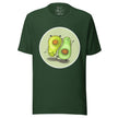 Forest green tee shown on a bodyform featuring two adorable avocados, one upright and one handstanding, facing opposite directions in a playful balanced pose