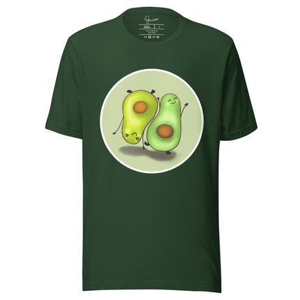Forest green tee shown on a bodyform featuring two adorable avocados, one upright and one handstanding, facing opposite directions in a playful balanced pose