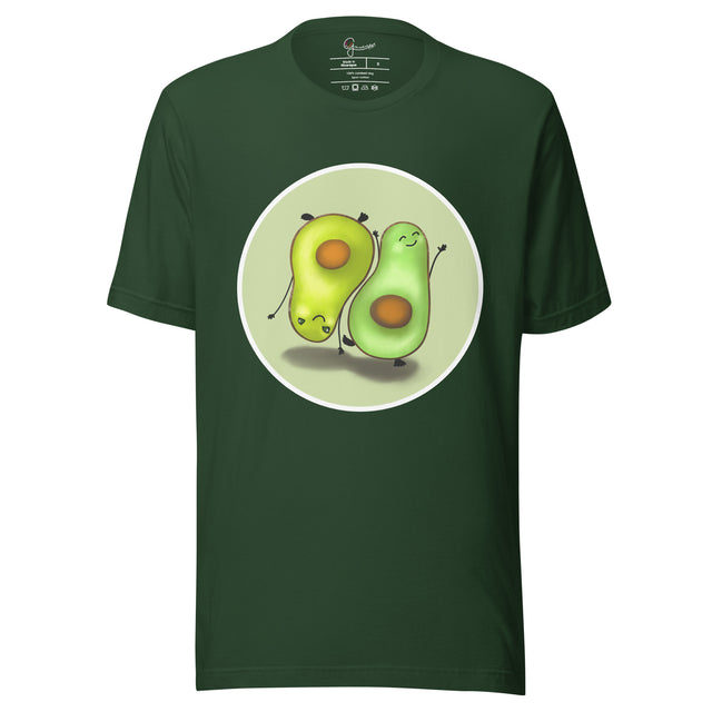 Forest green tee shown on a bodyform featuring two adorable avocados, one upright and one handstanding, facing opposite directions in a playful balanced pose