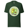 Forest green tee shown on a bodyform featuring two adorable avocados, one upright and one handstanding, facing opposite directions in a playful balanced pose