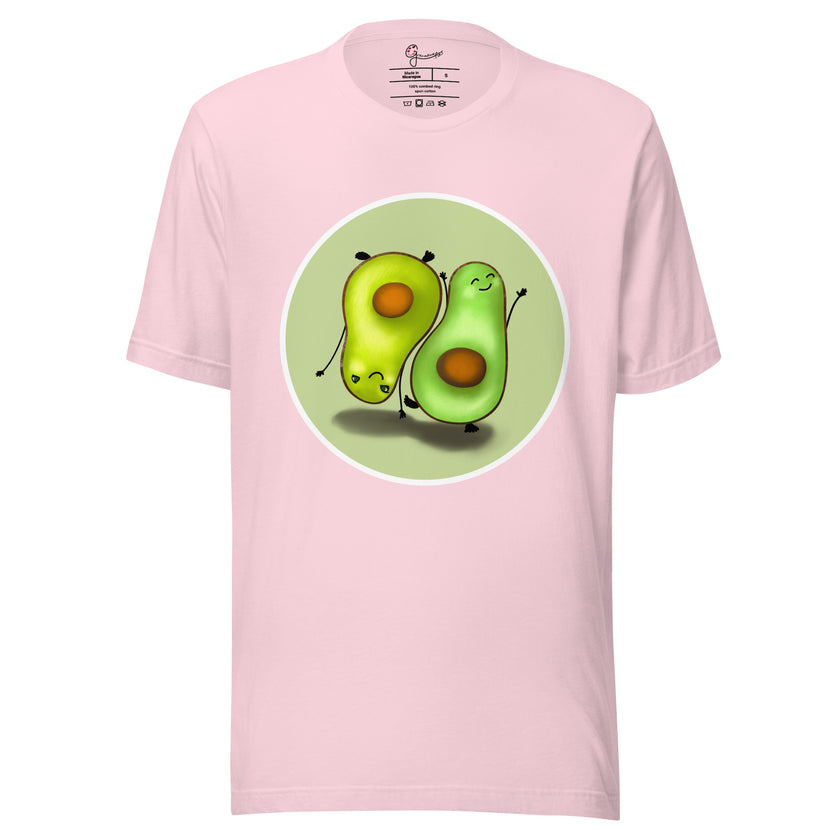 Light pink tee on a bodyform featuring two cute avocados, one standing and one upside down, facing opposite directions