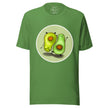 Matcha green tee on a bodyform with two adorable avocados performing mirrored poses, one upright and one upside down in a handstand