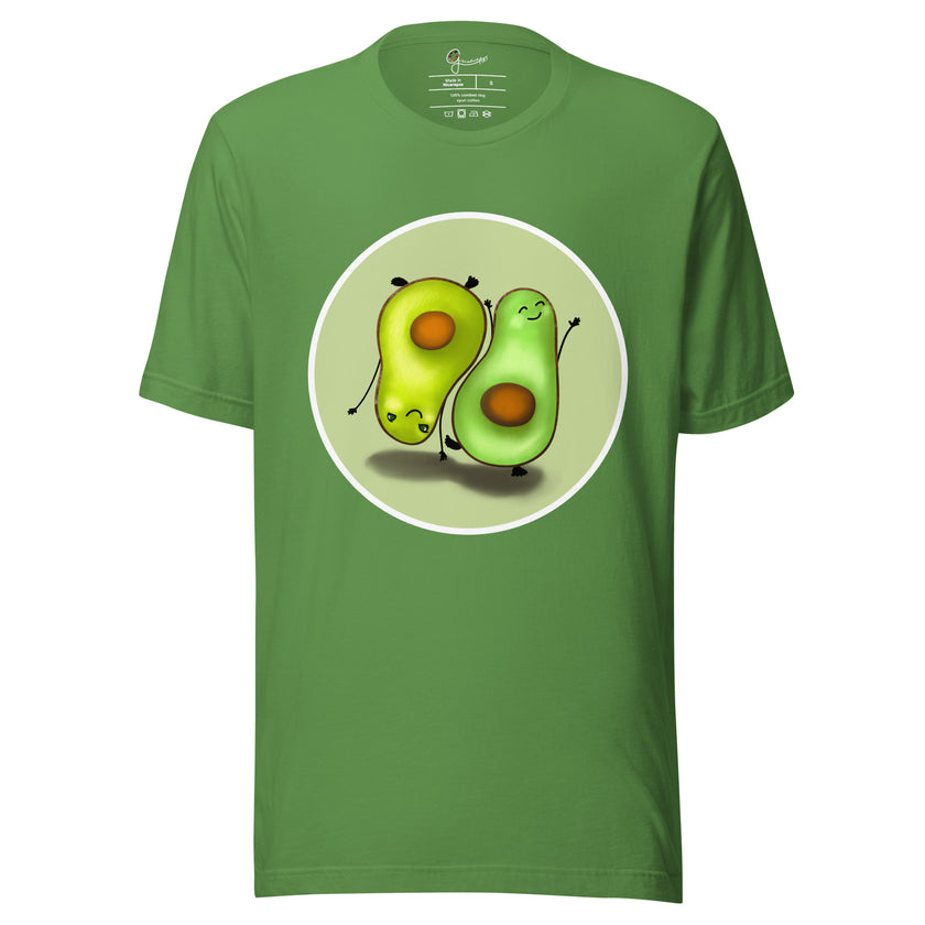 Matcha green tee on a bodyform with two adorable avocados performing mirrored poses, one upright and one upside down in a handstand