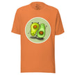 Orange tee on a bodyform featuring two cute avocados, one standing and one upside down, facing opposite directions