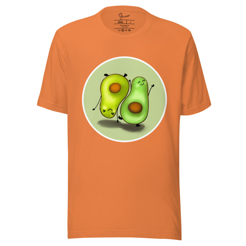 Orange tee on a bodyform featuring two cute avocados, one standing and one upside down, facing opposite directions