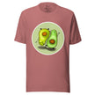 Rosewood tee shown on a bodyform with two kawaii avocados in mirrored poses, one upright and one upside down