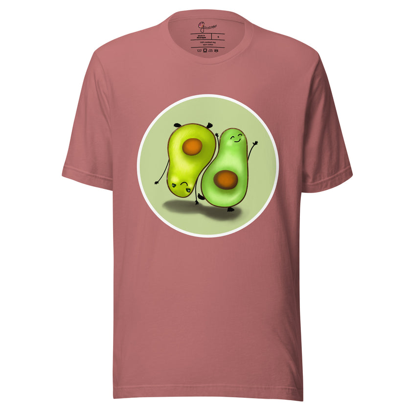 Rosewood tee shown on a bodyform with two kawaii avocados in mirrored poses, one upright and one upside down