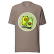 Taupe tee shown on a bodyform featuring two kawaii avocados, one standing and one upside down, facing opposite directions
