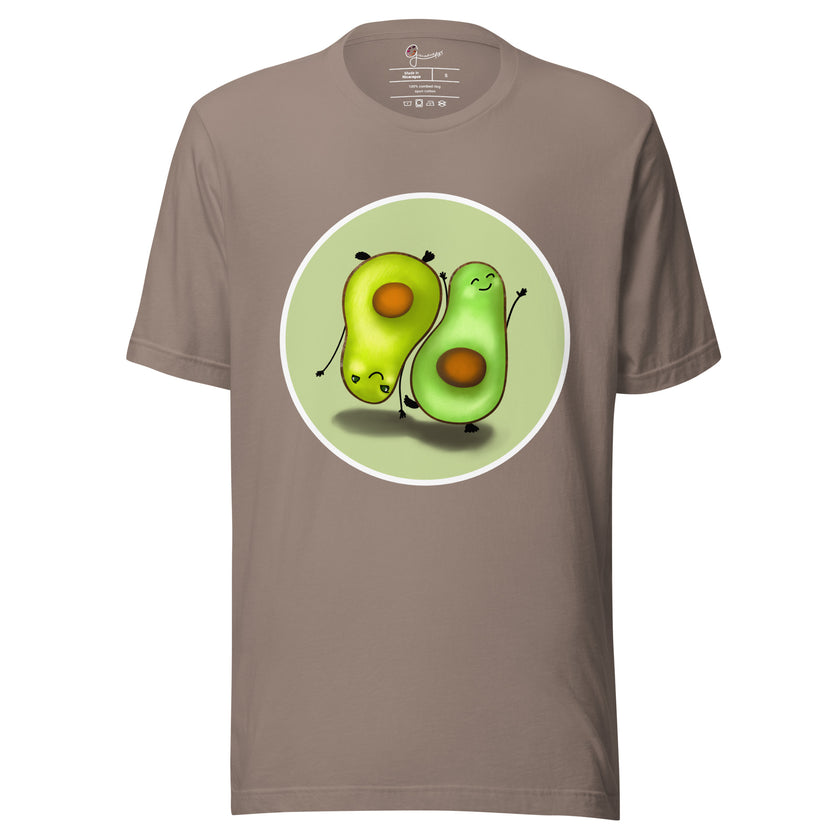 Taupe tee shown on a bodyform featuring two kawaii avocados, one standing and one upside down, facing opposite directions