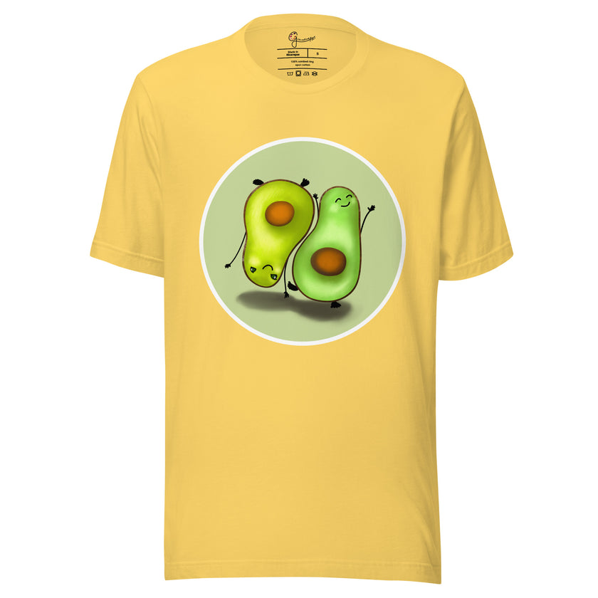 Yellow tee shown on a bodyform with two playful avocados in mirrored poses, one standing and one handstanding