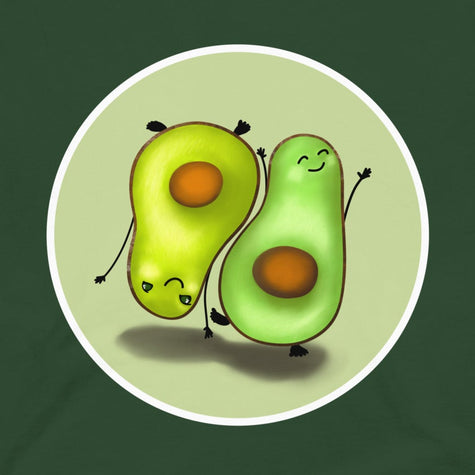 Closeup of two cute avocados in opposite yoga‑style poses, one standing and one upside down on its hands, printed on a forest green tee