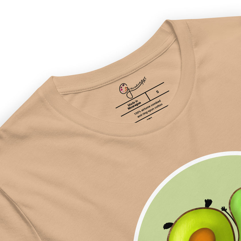 Detail shot of the two avocados and a brand label on a beige tee
