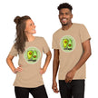 Model mockup of a beige tee with two cute avocados doing mirrored poses, one upright and one handstanding