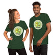 Model mockup of a forest green tee with two kawaii avocados doing mirrored poses, one standing and one upside down in a handstand