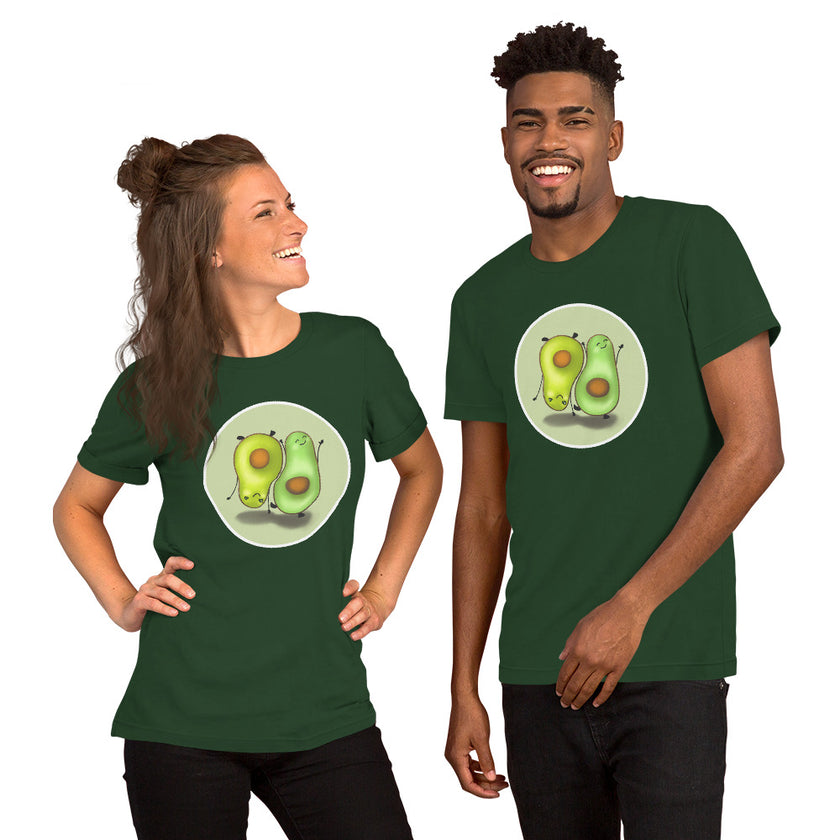 Model mockup of a forest green tee with two kawaii avocados doing mirrored poses, one standing and one upside down in a handstand