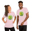 Model mockup of a light pink tee featuring two kawaii avocados in opposite upright and upside‑down positions