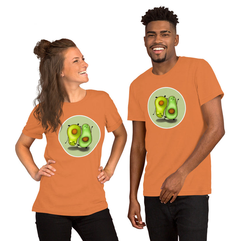 Model mockup of an orange tee featuring two kawaii avocados in opposite upright and upside‑down positions